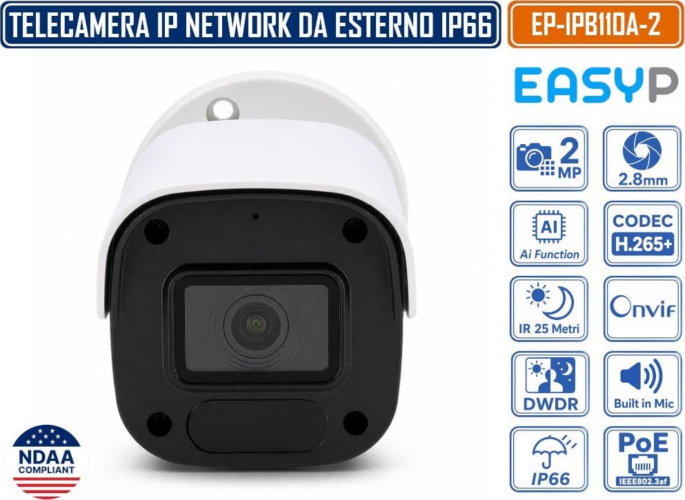 TELECAMERA BULLET IP EASY-P EP-IPB110A-2 2MP FULL HD CON INTELLIGENZA ARTIFICIALE, OTTICA 2.8 MM, IR 25M, MICROFONO INTEGRATO, IP66, POE E P2P - 3