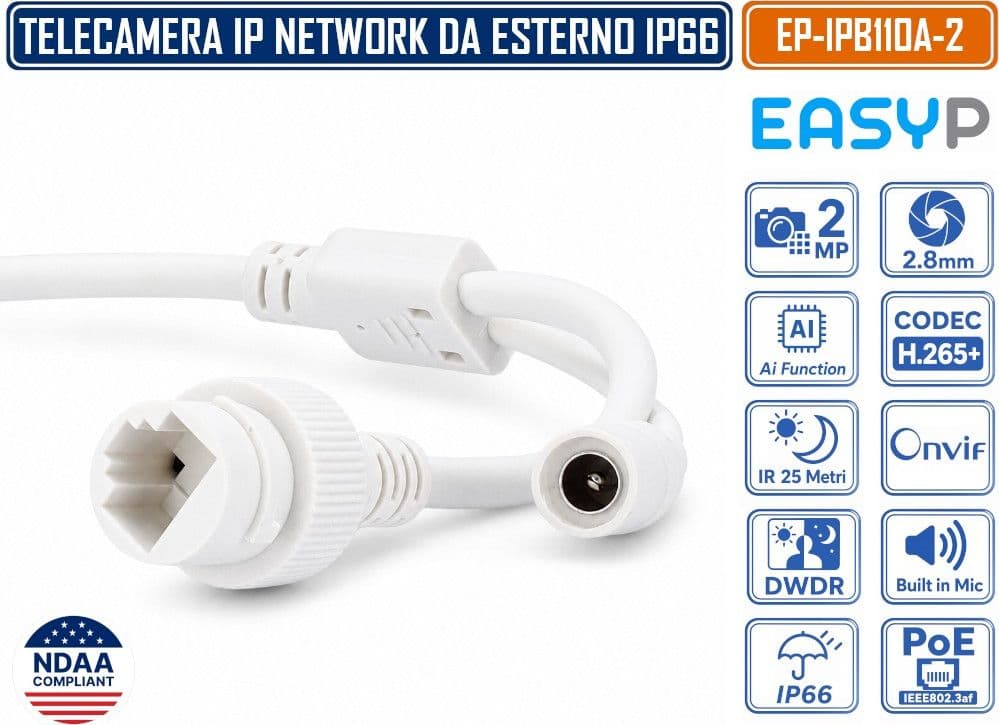 TELECAMERA BULLET IP EASY-P EP-IPB110A-2 2MP FULL HD CON INTELLIGENZA ARTIFICIALE, OTTICA 2.8 MM, IR 25M, MICROFONO INTEGRATO, IP66, POE E P2P - 4