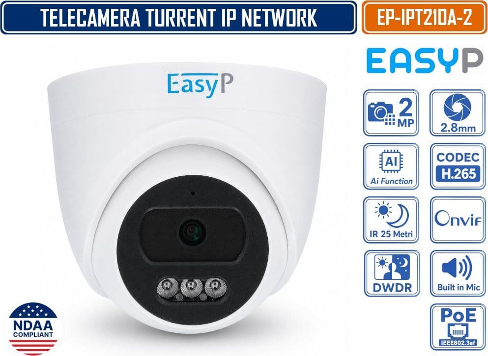 TELECAMERA TURRET IP EASY-P EP-IPT210A-2 2MP FULL HD CON INTELLIGENZA ARTIFICIALE, OTTICA 2.8 MM, IR 25M, MICROFONO INTEGRATO, POE E P2P - 2