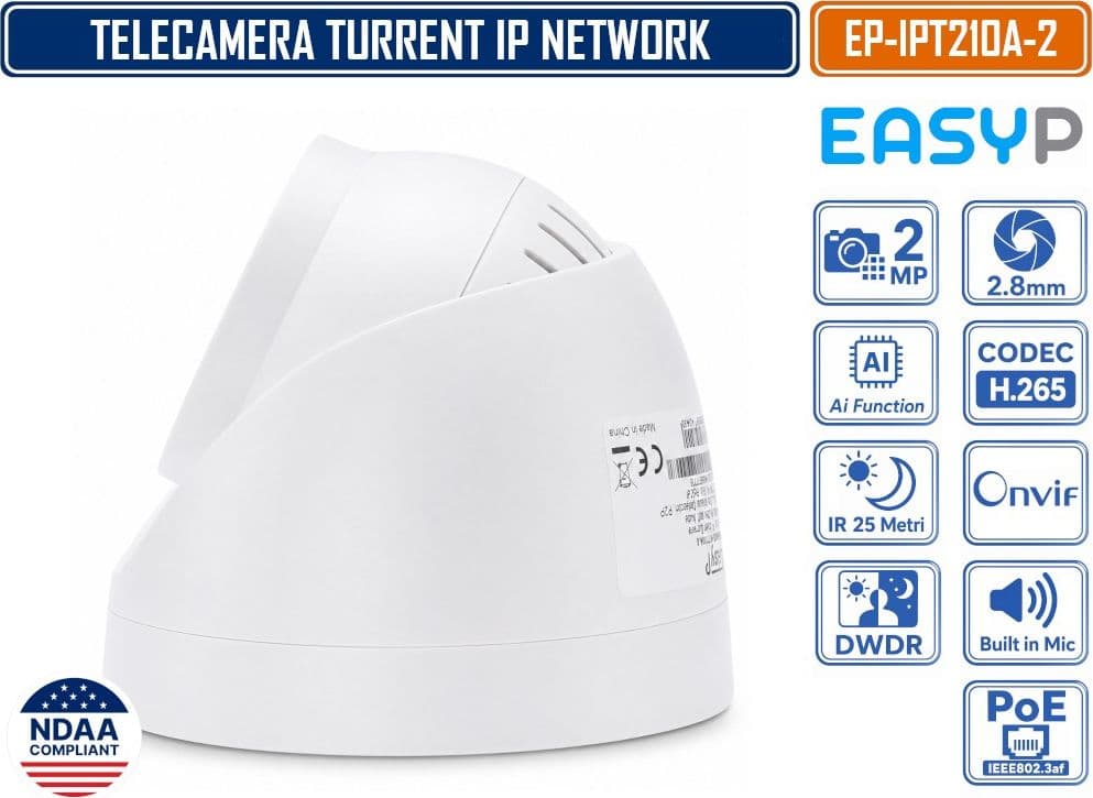 TELECAMERA TURRET IP EASY-P EP-IPT210A-2 2MP FULL HD CON INTELLIGENZA ARTIFICIALE, OTTICA 2.8 MM, IR 25M, MICROFONO INTEGRATO, POE E P2P - 3