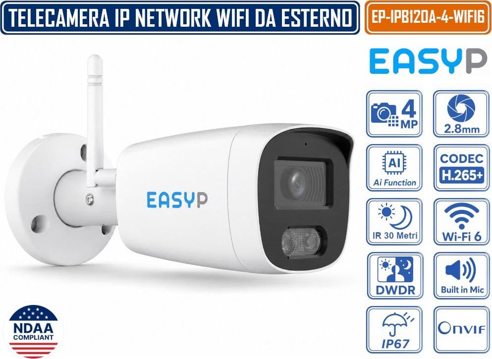 TELECAMERA BULLET IP WI-FI 6 EASY-P EP-IPB120A-4-WIFI6 4MP CON INTELLIGENZA ARTIFICIALE, OTTICA 2.8 MM, IR 30M, MICROFONO INTEGRATO, IP67, P2P E CORPO IN METALLO