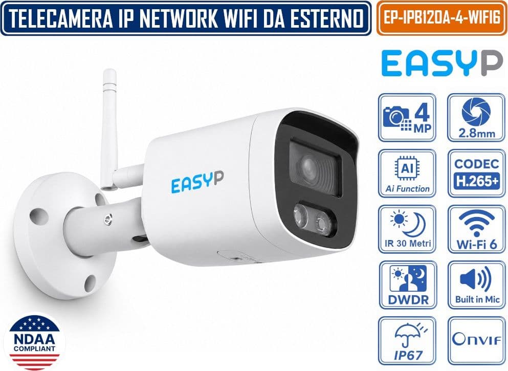 TELECAMERA BULLET IP WI-FI 6 EASY-P EP-IPB120A-4-WIFI6 4MP CON INTELLIGENZA ARTIFICIALE, OTTICA 2.8 MM, IR 30M, MICROFONO INTEGRATO, IP67, P2P E CORPO IN METALLO - 2