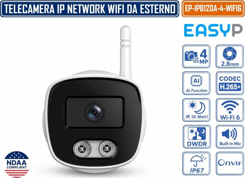 TELECAMERA BULLET IP WI-FI 6 EASY-P EP-IPB120A-4-WIFI6 4MP CON INTELLIGENZA ARTIFICIALE, OTTICA 2.8 MM, IR 30M, MICROFONO INTEGRATO, IP67, P2P E CORPO IN METALLO - 3