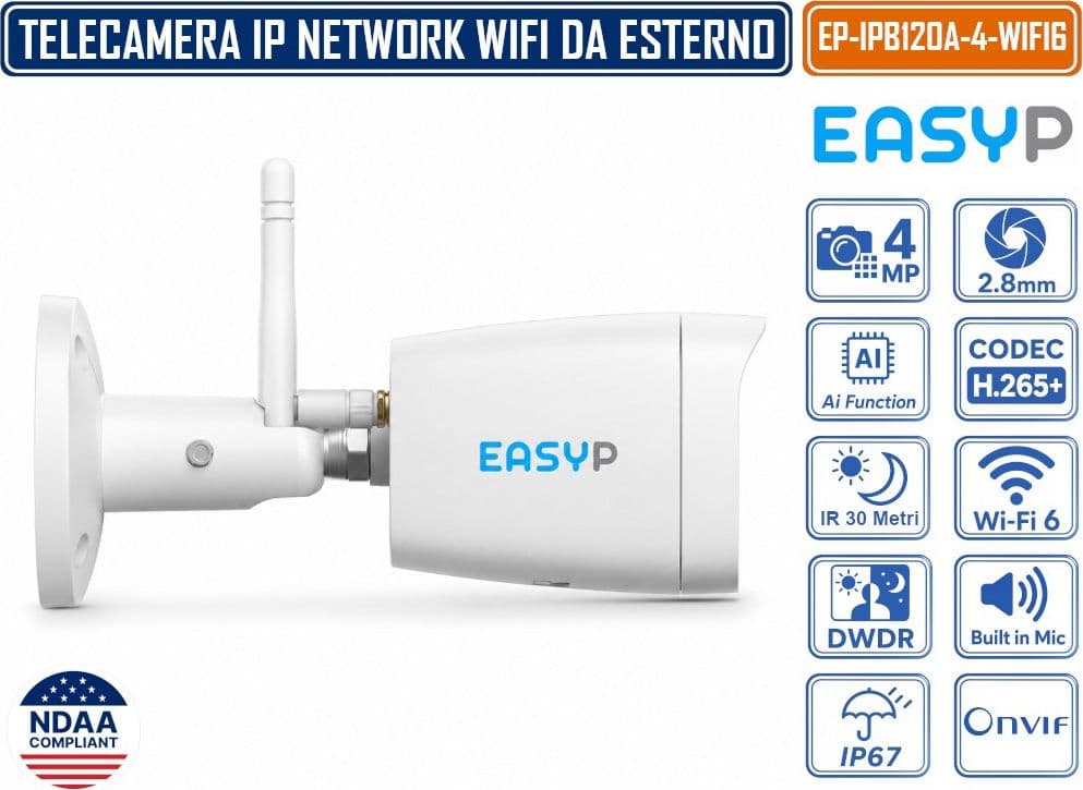 TELECAMERA BULLET IP WI-FI 6 EASY-P EP-IPB120A-4-WIFI6 4MP CON INTELLIGENZA ARTIFICIALE, OTTICA 2.8 MM, IR 30M, MICROFONO INTEGRATO, IP67, P2P E CORPO IN METALLO - 4