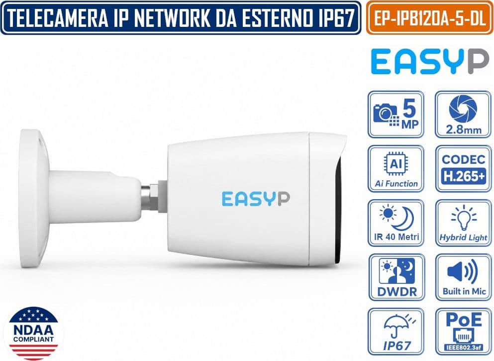 TELECAMERA BULLET IP EASY-P EP-IPB120A-5-DL 5MP CON INTELLIGENZA ARTIFICIALE, OTTICA 2.8 MM, DOPPIA ILLUMINAZIONE IR 40M E LUCE BIANCA 30M, MICROFONO, IP67, POE E P2P - 2