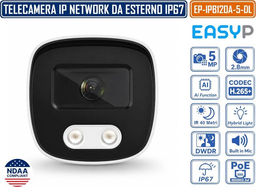 TELECAMERA BULLET IP EASY-P EP-IPB120A-5-DL 5MP CON INTELLIGENZA ARTIFICIALE, OTTICA 2.8 MM, DOPPIA ILLUMINAZIONE IR 40M E LUCE BIANCA 30M, MICROFONO, IP67, POE E P2P - 3