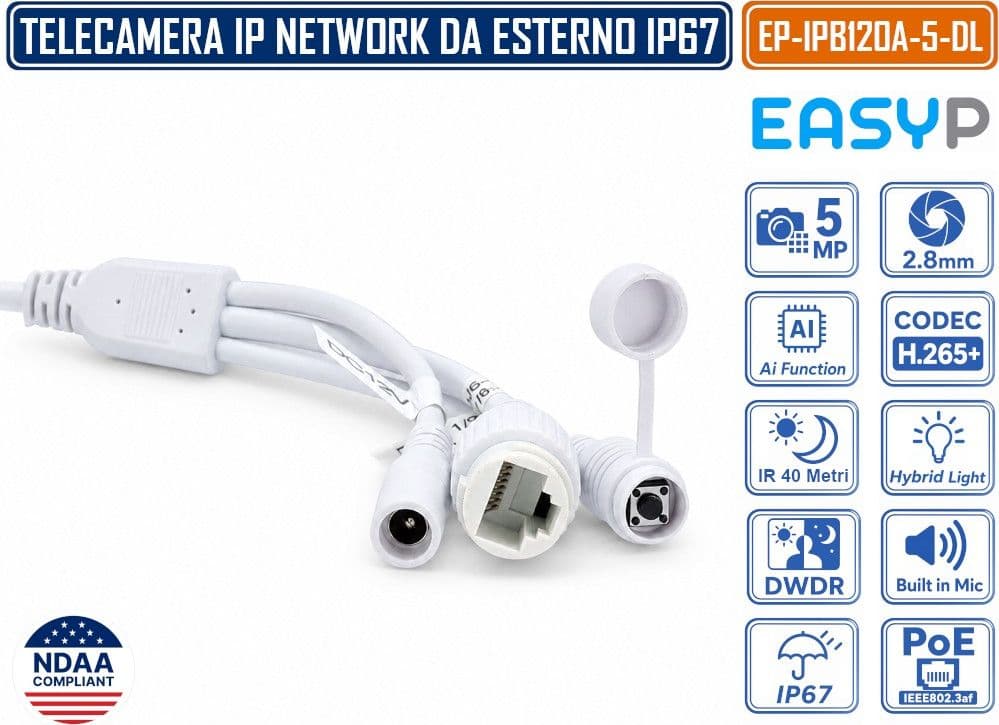 TELECAMERA BULLET IP EASY-P EP-IPB120A-5-DL 5MP CON INTELLIGENZA ARTIFICIALE, OTTICA 2.8 MM, DOPPIA ILLUMINAZIONE IR 40M E LUCE BIANCA 30M, MICROFONO, IP67, POE E P2P - 4