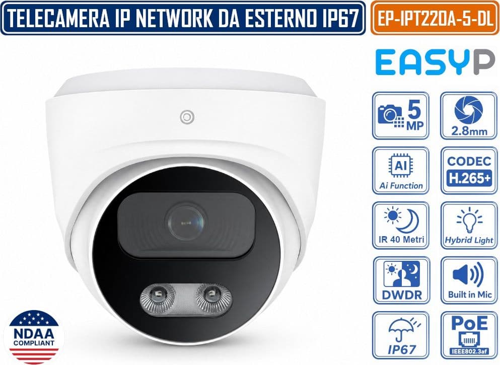 TELECAMERA TURRET IP EASY-P EP-IPT220A-5-DL 5MP CON INTELLIGENZA ARTIFICIALE, OTTICA 2.8 MM, DOPPIA ILLUMINAZIONE IR 40M E LUCE BIANCA 30M, MICROFONO, IP67, POE E P2P - 2