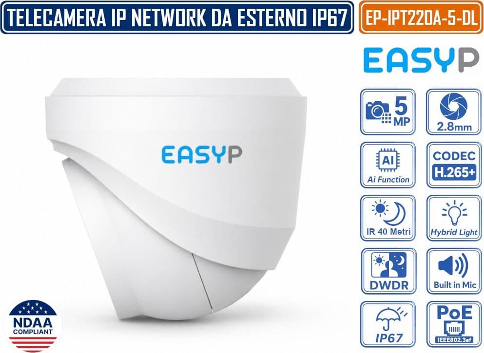 TELECAMERA TURRET IP EASY-P EP-IPT220A-5-DL 5MP CON INTELLIGENZA ARTIFICIALE, OTTICA 2.8 MM, DOPPIA ILLUMINAZIONE IR 40M E LUCE BIANCA 30M, MICROFONO, IP67, POE E P2P - 3