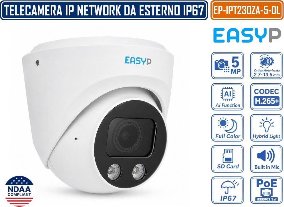 TELECAMERA TURRET IP EASY-P EP-IPT230ZA-5-DL 5MP CON INTELLIGENZA ARTIFICIALE, OTTICA VARIFOCALE MOTORIZZATA 2.7-13.5 MM, DOPPIA ILLUMINAZIONE IR 40M E LUCE BIANCA 30M, MICROFONO, IP67, POE E P2P