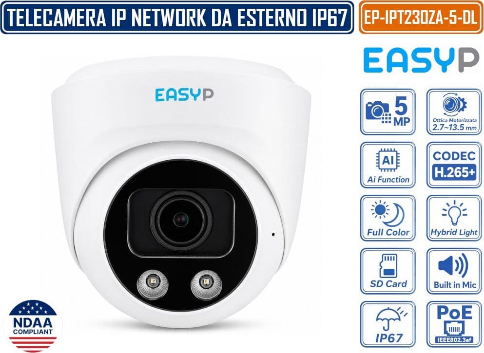 TELECAMERA TURRET IP EASY-P EP-IPT230ZA-5-DL 5MP CON INTELLIGENZA ARTIFICIALE, OTTICA VARIFOCALE MOTORIZZATA 2.7-13.5 MM, DOPPIA ILLUMINAZIONE IR 40M E LUCE BIANCA 30M, MICROFONO, IP67, POE E P2P - 2