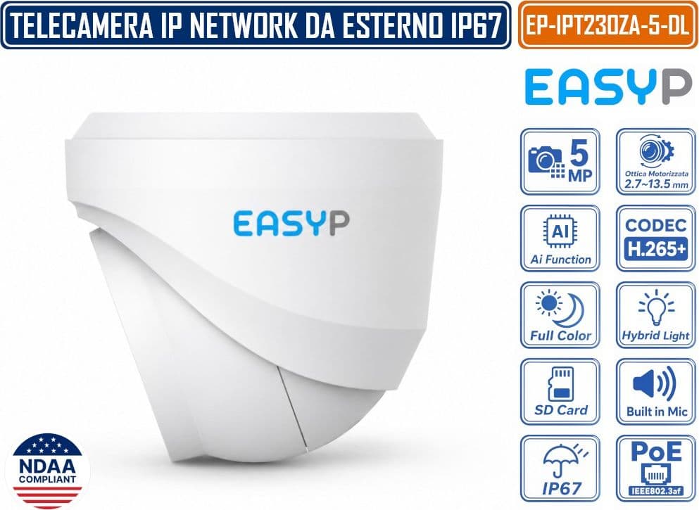 TELECAMERA TURRET IP EASY-P EP-IPT230ZA-5-DL 5MP CON INTELLIGENZA ARTIFICIALE, OTTICA VARIFOCALE MOTORIZZATA 2.7-13.5 MM, DOPPIA ILLUMINAZIONE IR 40M E LUCE BIANCA 30M, MICROFONO, IP67, POE E P2P - 3