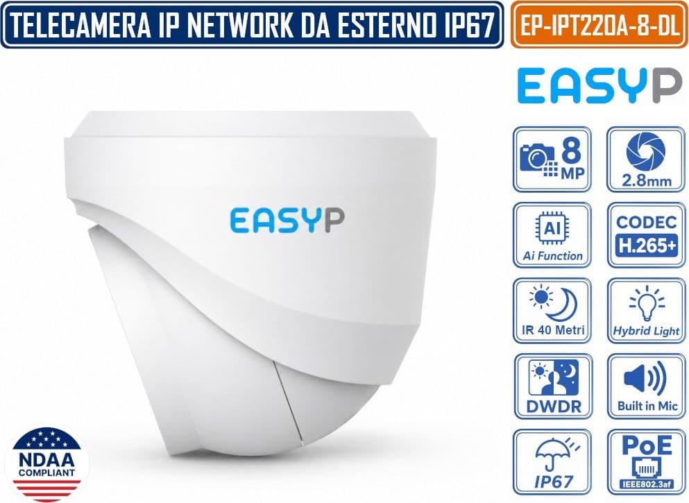 TELECAMERA TURRET IP EASY-P EP-IPT220A-8-DL 8MP 4K CON INTELLIGENZA ARTIFICIALE, OTTICA 2.8 MM, DOPPIA ILLUMINAZIONE IR 40M E LUCE BIANCA 30M, MICROFONO, IP67, POE E P2P - 3