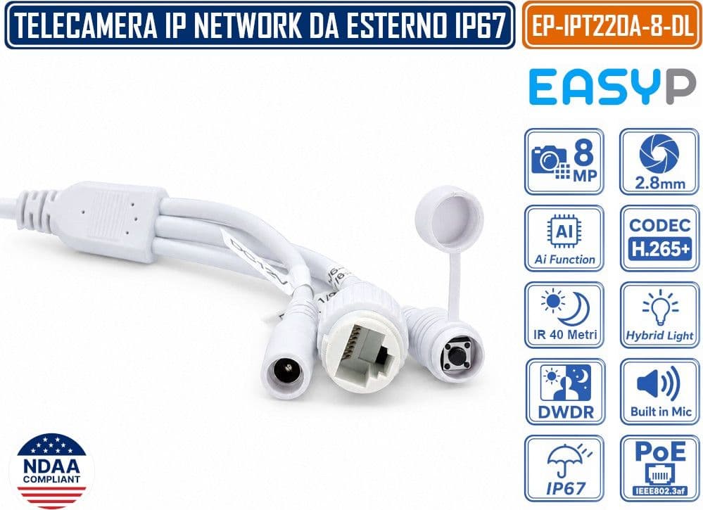 TELECAMERA TURRET IP EASY-P EP-IPT220A-8-DL 8MP 4K CON INTELLIGENZA ARTIFICIALE, OTTICA 2.8 MM, DOPPIA ILLUMINAZIONE IR 40M E LUCE BIANCA 30M, MICROFONO, IP67, POE E P2P - 4