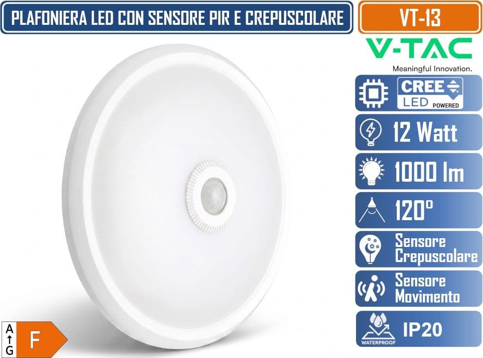 V-TAC VT-13 PLAFONIERA LED ROTONDA 12W CREE SMD CON SENSORE DI MOVIMENTO E CREPUSCOLARE REGOLABILE IP20 4000K 6400K - 2