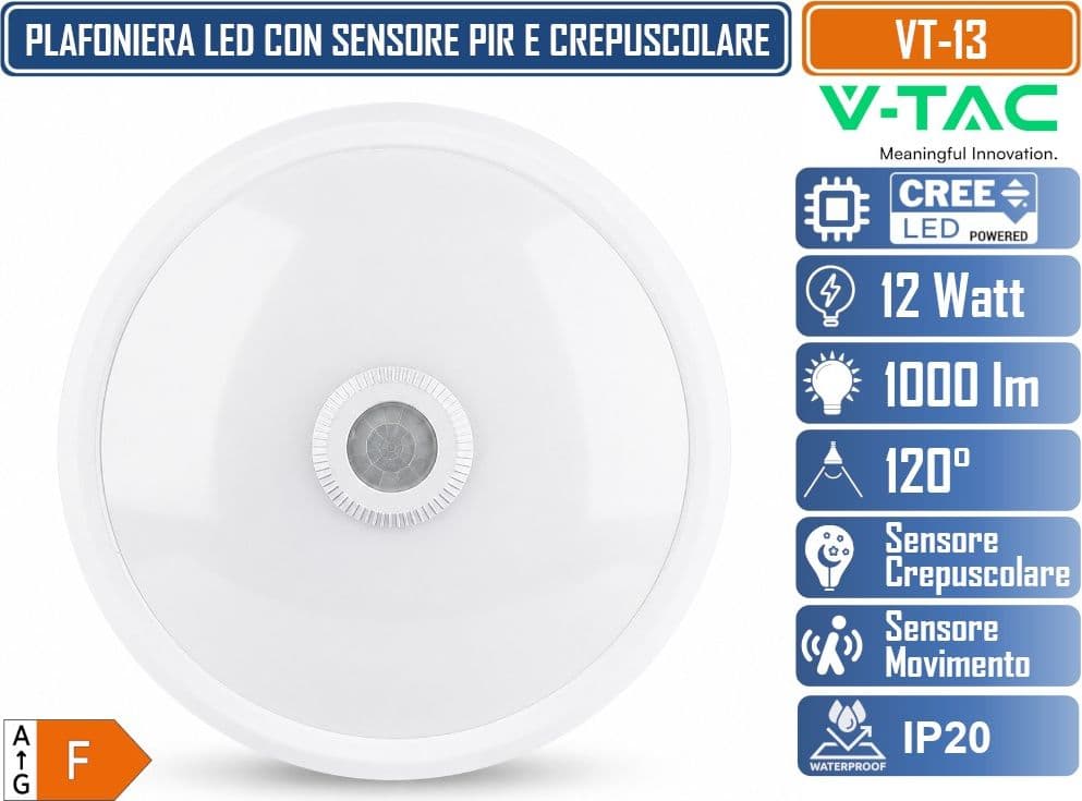 V-TAC VT-13 PLAFONIERA LED ROTONDA 12W CREE SMD CON SENSORE DI MOVIMENTO E CREPUSCOLARE REGOLABILE IP20 4000K 6400K - 3