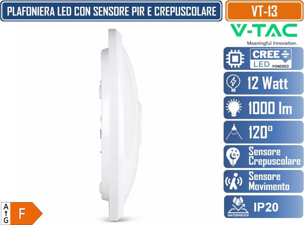 V-TAC VT-13 PLAFONIERA LED ROTONDA 12W CREE SMD CON SENSORE DI MOVIMENTO E CREPUSCOLARE REGOLABILE IP20 4000K 6400K - 4