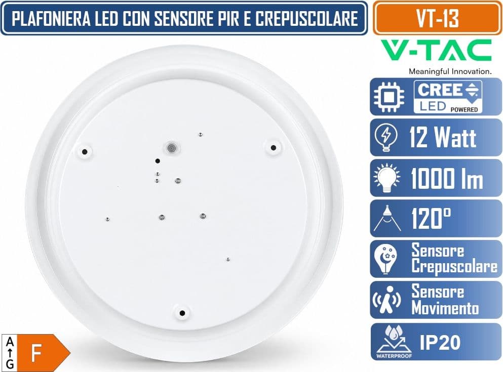 V-TAC VT-13 PLAFONIERA LED ROTONDA 12W CREE SMD CON SENSORE DI MOVIMENTO E CREPUSCOLARE REGOLABILE IP20 4000K 6400K - 5