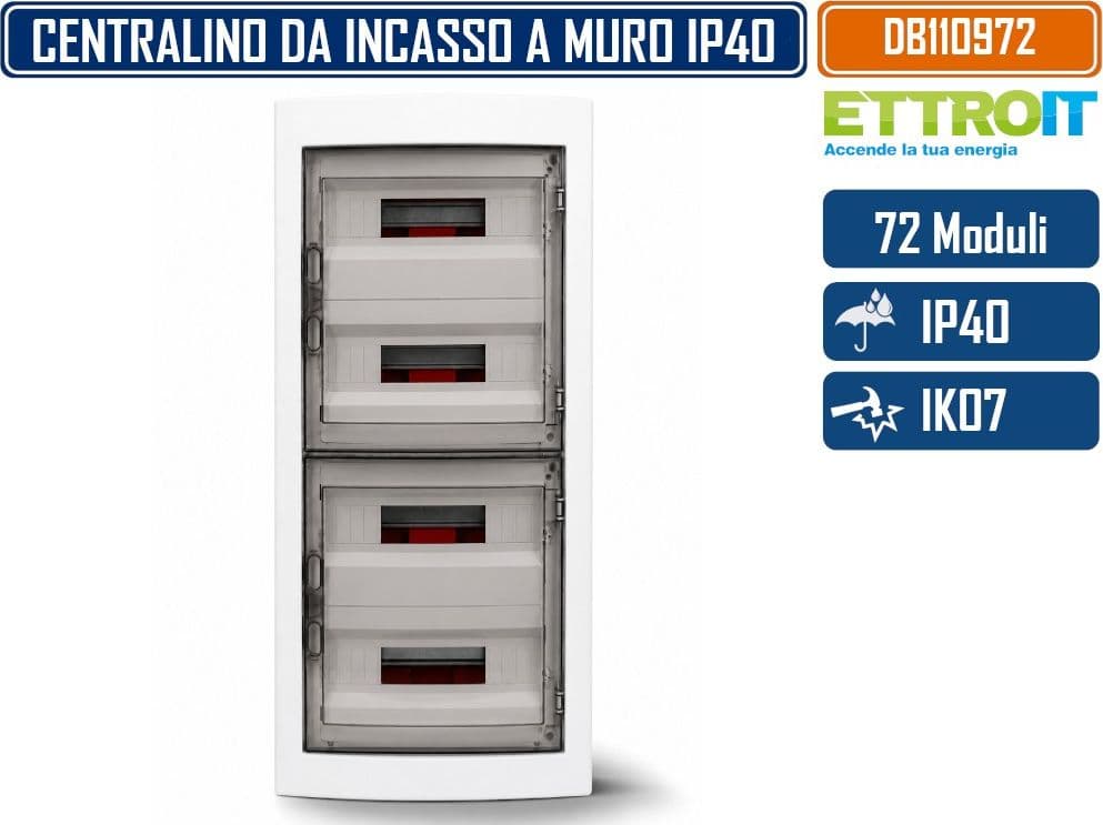 ETTROIT DB110972 CENTRALINO ELETTRICO DA INCASSO 72 MODULI DIN IP40 CON PORTELLO TRASPARENTE FUMÈ GRIGIO RAL 7030 - 2