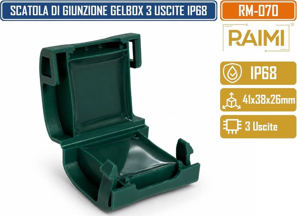 RAIMI RM-070 SCATOLA DI GIUNZIONE PRE-RIEMPITA CON GEL ISOLANTE 41 × 35 × 26 MM IP68 CHIUSURA A SCATTO INGRESSO CAVI LATERALE - 2