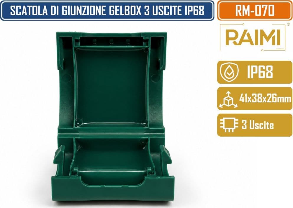 RAIMI RM-070 SCATOLA DI GIUNZIONE PRE-RIEMPITA CON GEL ISOLANTE 41 × 35 × 26 MM IP68 CHIUSURA A SCATTO INGRESSO CAVI LATERALE - 3