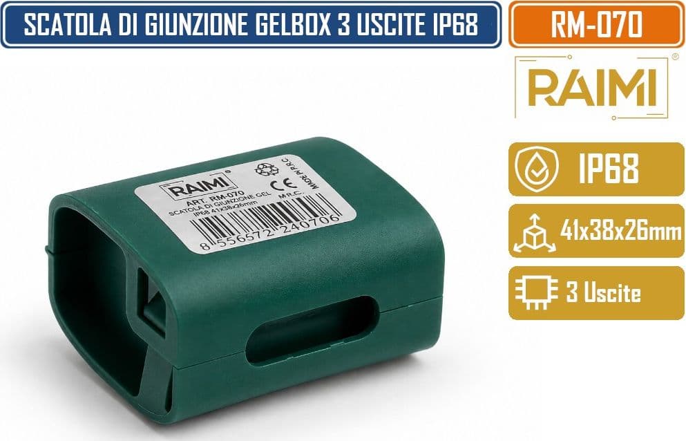 RAIMI RM-070 SCATOLA DI GIUNZIONE PRE-RIEMPITA CON GEL ISOLANTE 41 × 35 × 26 MM IP68 CHIUSURA A SCATTO INGRESSO CAVI LATERALE - 4