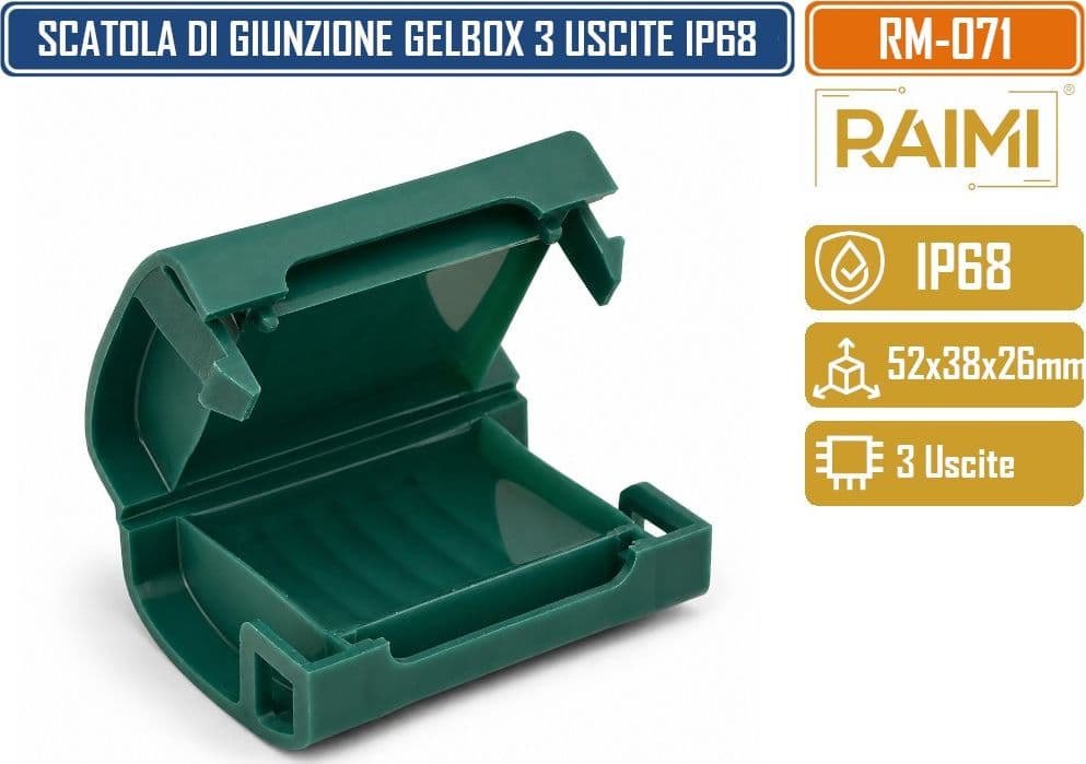 RAIMI RM-071 SCATOLA DI GIUNZIONE PRE-RIEMPITA CON GEL ISOLANTE 52 × 38 × 26 MM IP68 CHIUSURA A SCATTO INGRESSO CAVI LATERALE - 2