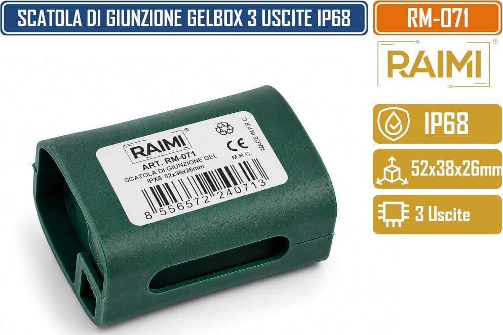 RAIMI RM-071 SCATOLA DI GIUNZIONE PRE-RIEMPITA CON GEL ISOLANTE 52 × 38 × 26 MM IP68 CHIUSURA A SCATTO INGRESSO CAVI LATERALE - 3