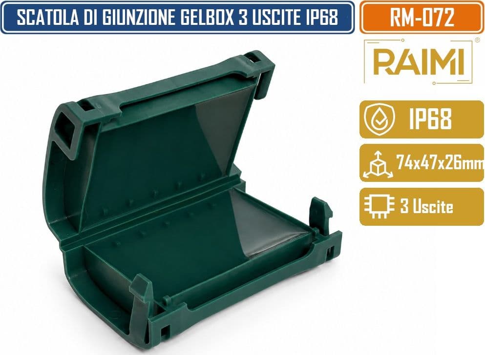 RAIMI RM-072 SCATOLA DI GIUNZIONE PRE-RIEMPITA CON GEL ISOLANTE 74 × 47 × 26 MM IP68 CHIUSURA A SCATTO INGRESSO CAVI LATERALE - 2