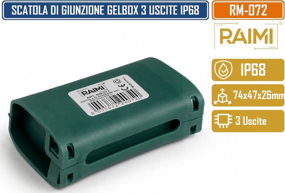 RAIMI RM-072 SCATOLA DI GIUNZIONE PRE-RIEMPITA CON GEL ISOLANTE 74 × 47 × 26 MM IP68 CHIUSURA A SCATTO INGRESSO CAVI LATERALE - 3