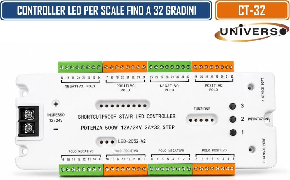 UNIVERSO CT-32 CONTROLLER LED AUTOMATICO PER SCALE FINO A 32 GRADINI 12V/24V DC 500W CON 2 SENSORI DI MOVIMENTO EFFETTI LUCE SEQUENZIALI PROTEZIONE CORTOCIRCUITO - 2