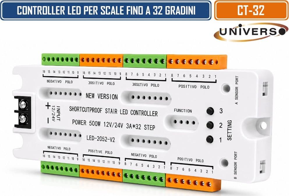 UNIVERSO CT-32 CONTROLLER LED AUTOMATICO PER SCALE FINO A 32 GRADINI 12V/24V DC 500W CON 2 SENSORI DI MOVIMENTO EFFETTI LUCE SEQUENZIALI PROTEZIONE CORTOCIRCUITO - 3