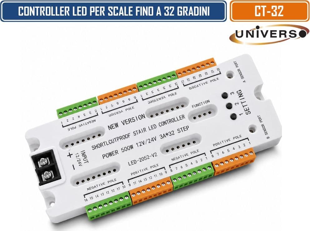 UNIVERSO CT-32 CONTROLLER LED AUTOMATICO PER SCALE FINO A 32 GRADINI 12V/24V DC 500W CON 2 SENSORI DI MOVIMENTO EFFETTI LUCE SEQUENZIALI PROTEZIONE CORTOCIRCUITO - 4