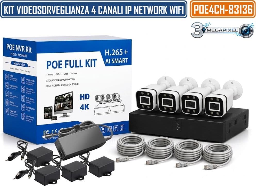 KIT VIDEOSORVEGLIANZA IP NETWORK POE 4 CANALI CON NVR E 4 TELECAMERE 3 MEGAPIXEL DA ESTERNO IP66 MOTION DETECTION CONTROLLO REMOTO HDMI E VGA
