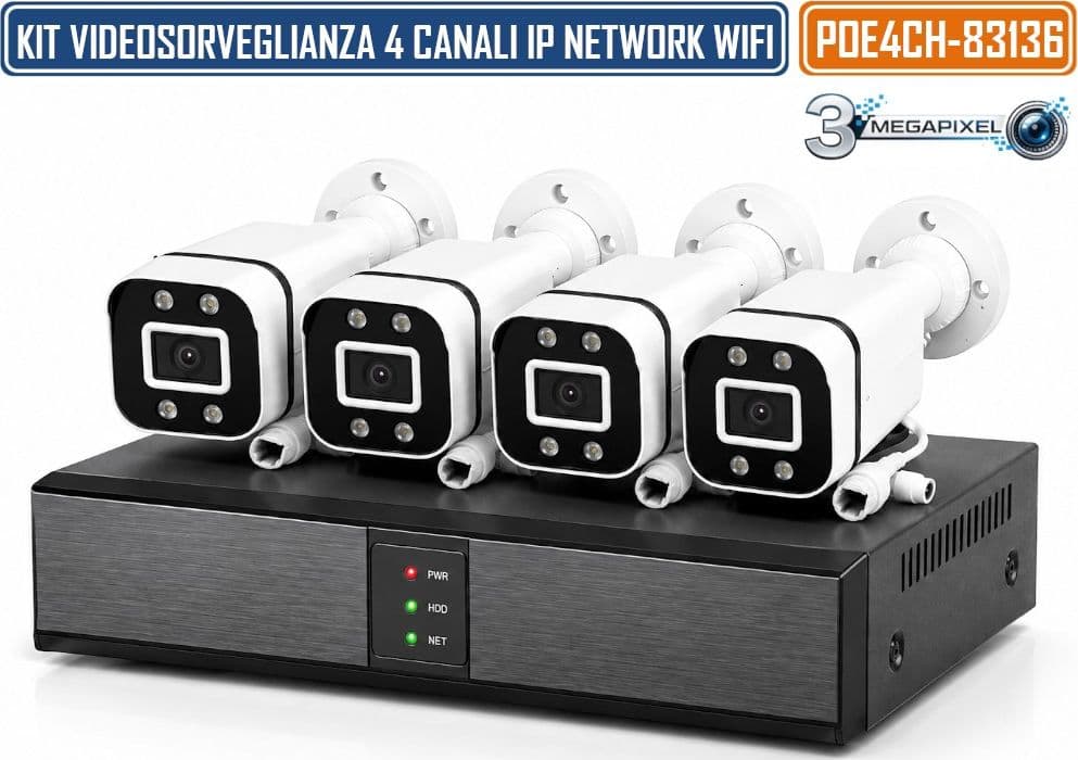 KIT VIDEOSORVEGLIANZA IP NETWORK POE 4 CANALI CON NVR E 4 TELECAMERE 3 MEGAPIXEL DA ESTERNO IP66 MOTION DETECTION CONTROLLO REMOTO HDMI E VGA - 2