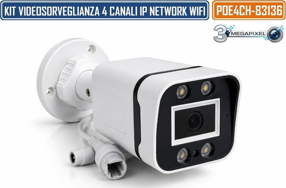 KIT VIDEOSORVEGLIANZA IP NETWORK POE 4 CANALI CON NVR E 4 TELECAMERE 3 MEGAPIXEL DA ESTERNO IP66 MOTION DETECTION CONTROLLO REMOTO HDMI E VGA - 5