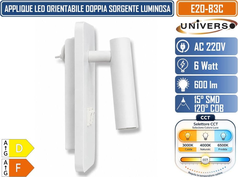 UNIVERSO E20-B3C APPLIQUE LED DA PARETE 6W 600LM DOPPIA SORGENTE COB + SMD CON FARETTO ORIENTABILE DOPPIO INTERRUTTORE ON/OFF CCT SWITCH 3000K 4000K 6500K IP22 - 5