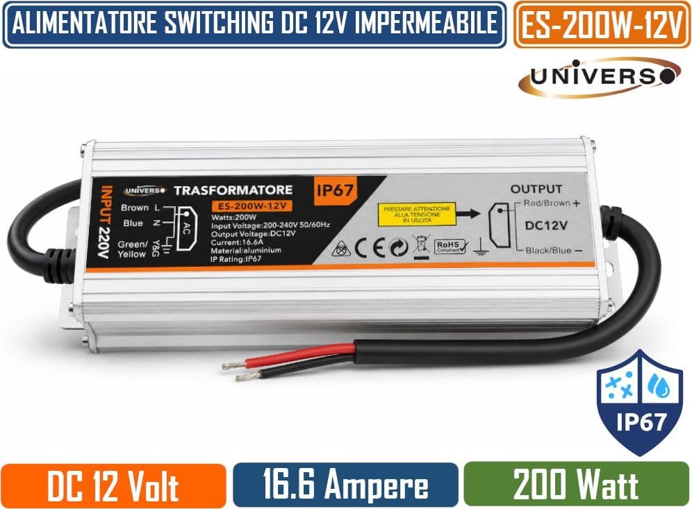 UNIVERSO ES-200W-12V TRASFORMATORE ALIMENTATORE IMPERMEABILE 200W 12V DC 16,6A IP67 IN ALLUMINIO PER STRIP LED E ILLUMINAZIONE LED - 2