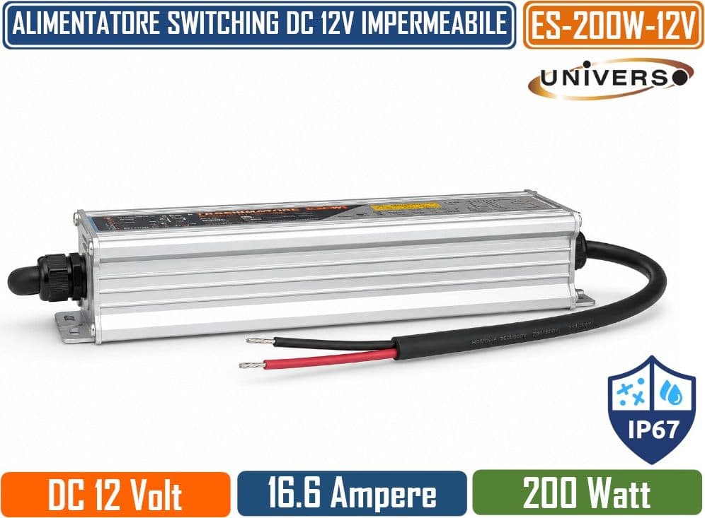 UNIVERSO ES-200W-12V TRASFORMATORE ALIMENTATORE IMPERMEABILE 200W 12V DC 16,6A IP67 IN ALLUMINIO PER STRIP LED E ILLUMINAZIONE LED - 3