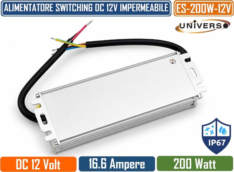 UNIVERSO ES-200W-12V TRASFORMATORE ALIMENTATORE IMPERMEABILE 200W 12V DC 16,6A IP67 IN ALLUMINIO PER STRIP LED E ILLUMINAZIONE LED - 4