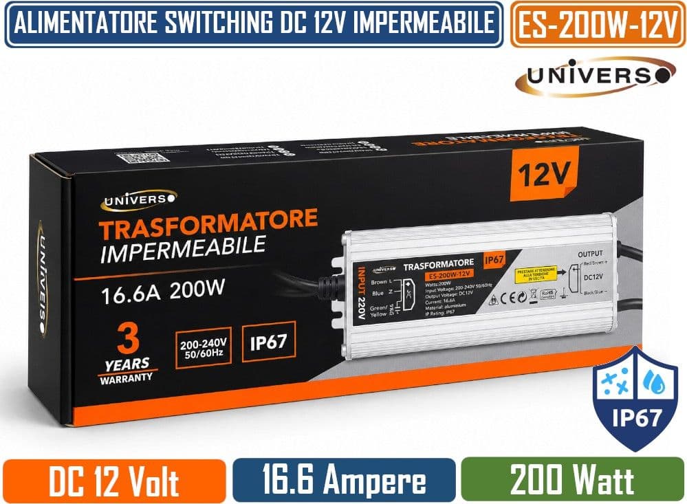 UNIVERSO ES-200W-12V TRASFORMATORE ALIMENTATORE IMPERMEABILE 200W 12V DC 16,6A IP67 IN ALLUMINIO PER STRIP LED E ILLUMINAZIONE LED - 5