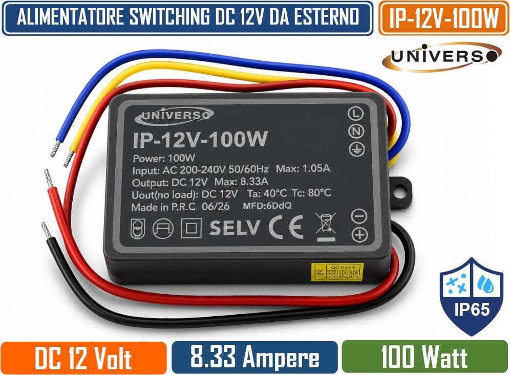 UNIVERSO IP-12V-100W TRASFORMATORE ALIMENTATORE IMPERMEABILE 100W 12V DC 8,33A IP65 CON PROTEZIONE DA CORTOCIRCUITO E SOVRACCARICO PER STRIP LED E ILLUMINAZIONE LED - 2