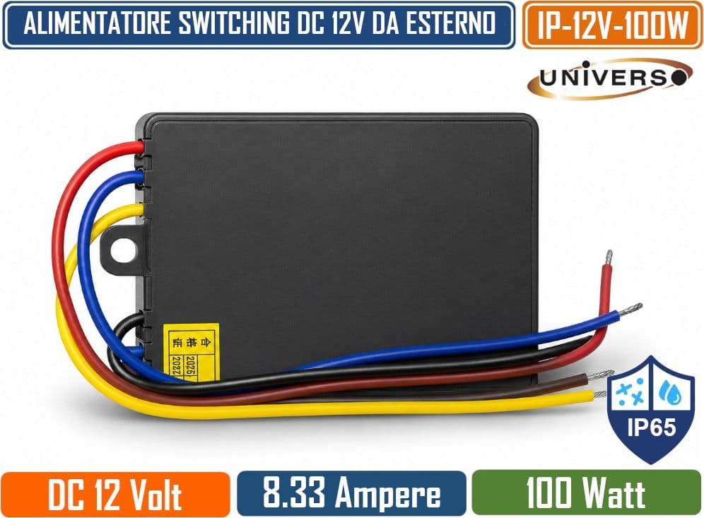 UNIVERSO IP-12V-100W TRASFORMATORE ALIMENTATORE IMPERMEABILE 100W 12V DC 8,33A IP65 CON PROTEZIONE DA CORTOCIRCUITO E SOVRACCARICO PER STRIP LED E ILLUMINAZIONE LED - 3
