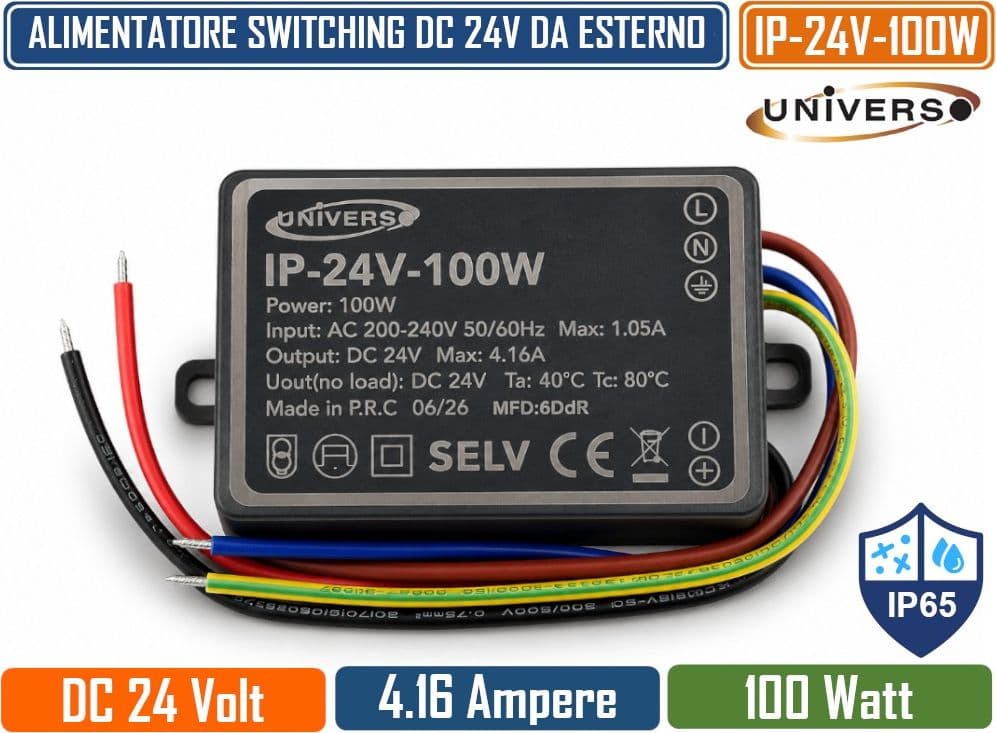 UNIVERSO IP-24V-100W TRASFORMATORE ALIMENTATORE IMPERMEABILE 100W 24V DC 4.16A IP65 CON PROTEZIONE DA CORTOCIRCUITO E SOVRACCARICO PER STRIP LED E ILLUMINAZIONE LED - 2