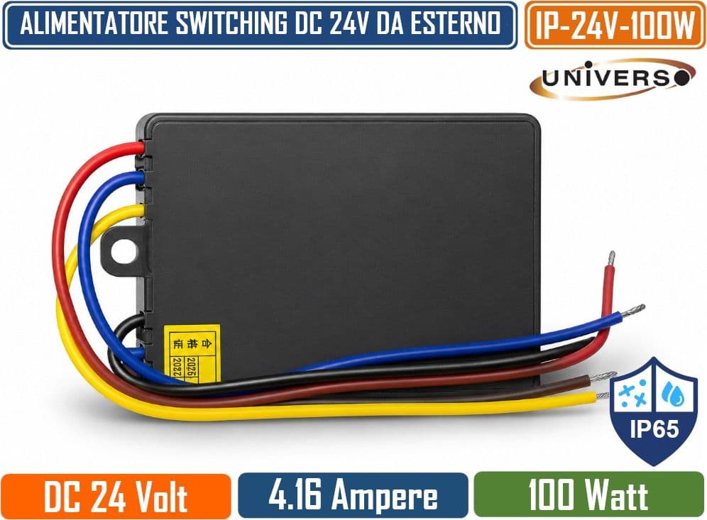 UNIVERSO IP-24V-100W TRASFORMATORE ALIMENTATORE IMPERMEABILE 100W 24V DC 4.16A IP65 CON PROTEZIONE DA CORTOCIRCUITO E SOVRACCARICO PER STRIP LED E ILLUMINAZIONE LED - 3