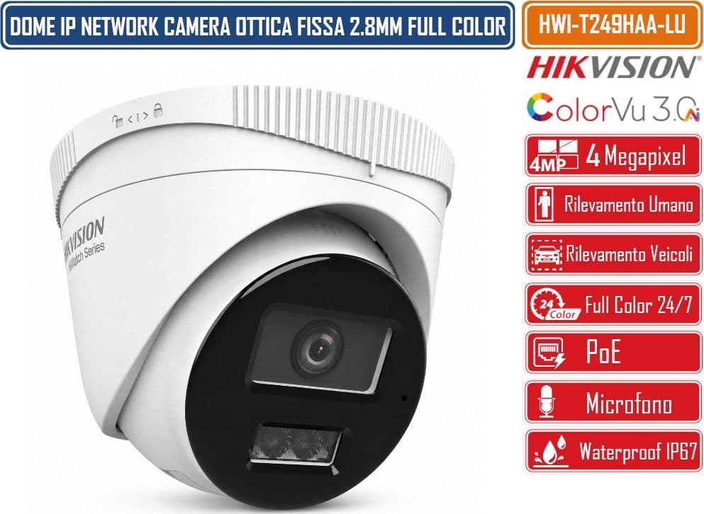 HIKVISION HWI-T249HAA-LU TELECAMERA IP TURRET 4MP COLORVU 3.0 MOTION DETECTION 3.0 SMART HYBRID LIGHT MICROFONO INTEGRATO POE IP67 - 2