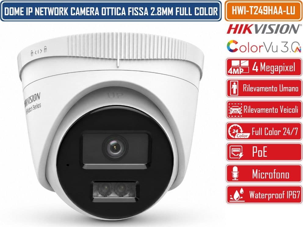 HIKVISION HWI-T249HAA-LU TELECAMERA IP TURRET 4MP COLORVU 3.0 MOTION DETECTION 3.0 SMART HYBRID LIGHT MICROFONO INTEGRATO POE IP67 - 3