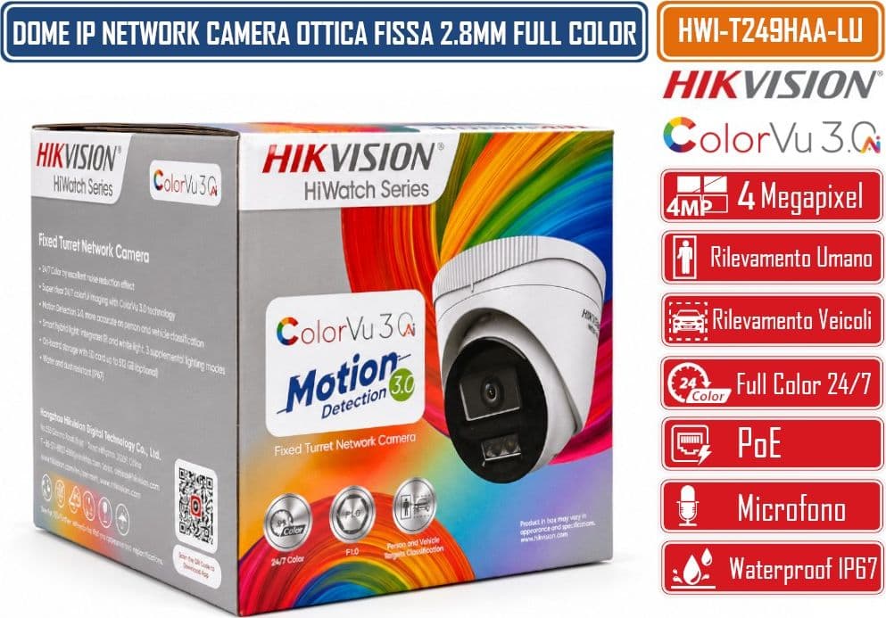 HIKVISION HWI-T249HAA-LU TELECAMERA IP TURRET 4MP COLORVU 3.0 MOTION DETECTION 3.0 SMART HYBRID LIGHT MICROFONO INTEGRATO POE IP67 - 4