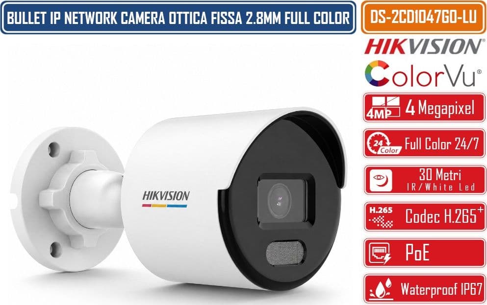 HIKVISION DS-2CD1047G0-LU TELECAMERA IP BULLET 4MP COLORVU 24/7 OTTICA 2.8 MM WDR 120DB H.265+ POE IP67 LUCE BIANCA FINO A 30 M - 2
