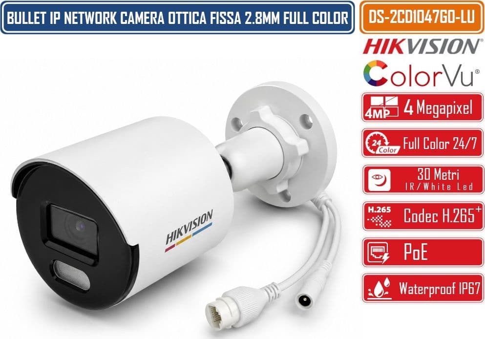 HIKVISION DS-2CD1047G0-LU TELECAMERA IP BULLET 4MP COLORVU 24/7 OTTICA 2.8 MM WDR 120DB H.265+ POE IP67 LUCE BIANCA FINO A 30 M - 3